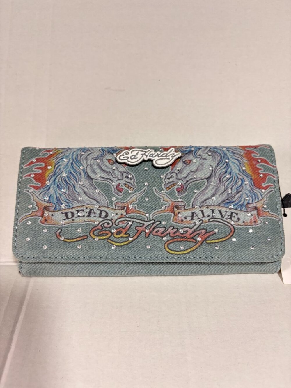 NWT Ed Hardy Dead or Alive Denim Horse Rhinestone Flap Wallet Y2K Retro